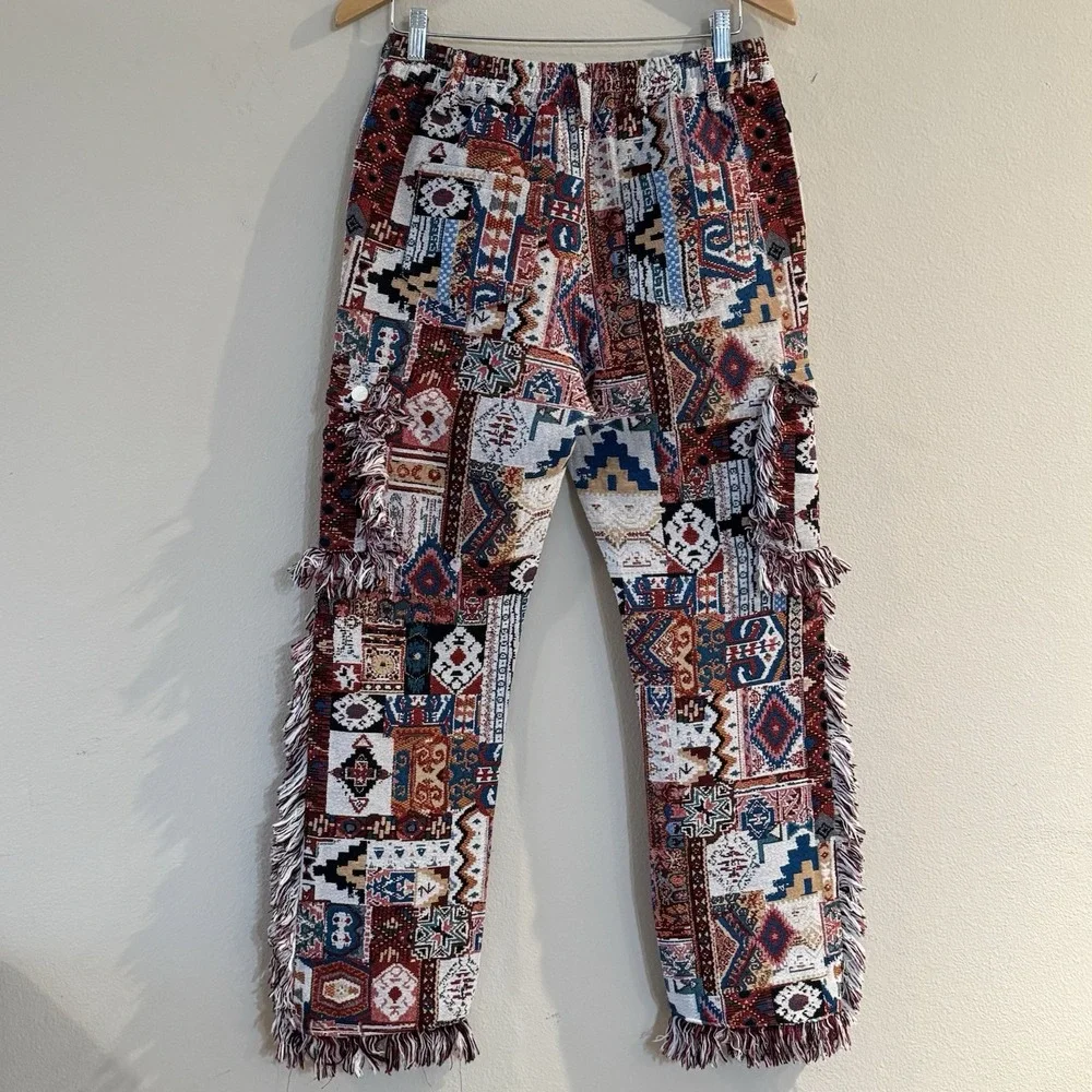 Tapestry Rug Pants Mens 32 Fringe Flare Boho Maximalist Festival Statement